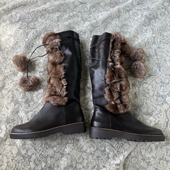 Lands End Brand Brown leather knee high boots with fur trim - Size 7.5 Women - Picture 1 of 7